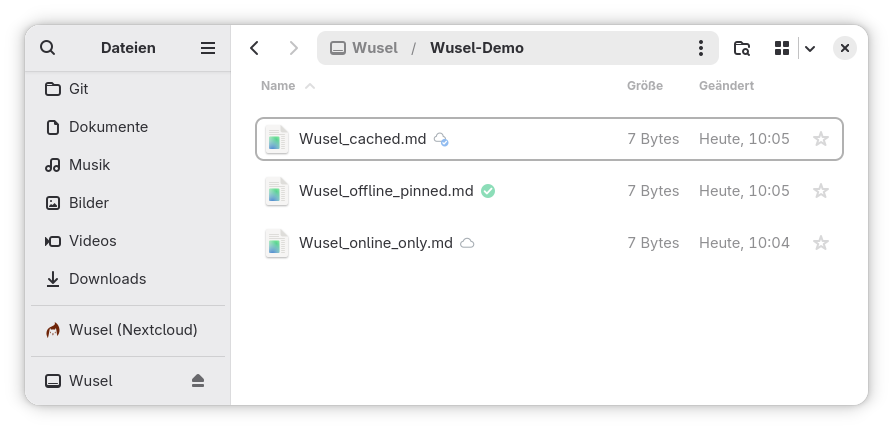 Nautilus showing a Wusel mount in the sidebar and three files